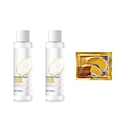 Set de Tónico Facial de Arroz con Extracto Natural, 2 Botellas de 120 ml, con Un Par De Mascarilla de Colageno para Ojos Con Base de Oro, Hidratante y Reparador, Refirma Cutis Repara Manchas Arrugas, Elimina Ojeras Y Líneas Finas, Reducir Las Bolsas
