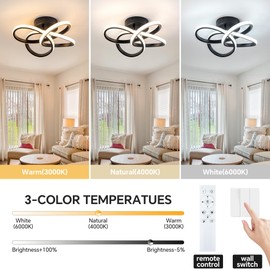 TIAZFCA Modern Ceiling Light, 36W LED Dimmable Ceiling Light with Remote Control, 3000-6000K Color Temperature Changing, Balck Small Chandelier for Bedroom, Entryway, Hallway, Kitchen
