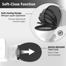 Toilet Seat Round 16.5 Inch with Quick Release-Quick Connect. White Round Toilet Seat with Soft Close. PP Material Safe, Easy Clean and Install, Sturdy Accessories Never Loosen,2 Years Support, Black