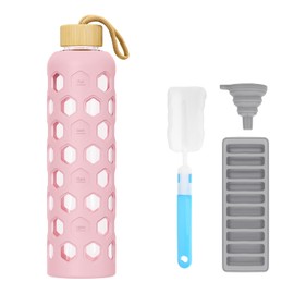 Luxgola 32 oz Glass Water Bottle with Bamboo Lid, Reusable Clear Drinking Bottles with Silicone Sleeve and Time Marker, Motivational Glass Tumbler with Funnel and Ice Tray, BPA Free (Pink-1 Pack)