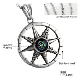 Cupimatch Mens Solid Stainless Steel Retro Gothic Sun Compass Pendant Necklace with Chain