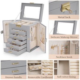 TORIBIO Large Jewelry Box for Women, Leather Jewelry Organizer with Mirror & Lock, 6-Tier Jewelry Storage Case for Girls/Women/Mothers, Necklace Earring Bracelets Holder Organizer