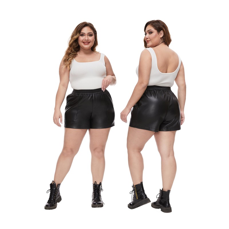 Fahsyee Plus Size Black Shorts - Faux Elastic High Waisted