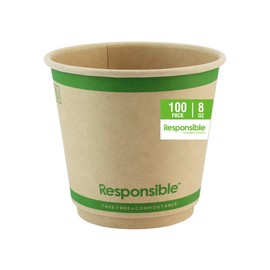 Responsible Products Smooth Insulated Paper Hot Cups (squat), Tree-Less™ Compostable Insulated Coffee Cups, Tree-Free, Made Without PFAS (Natural Brown, 8 oz (100 Count))