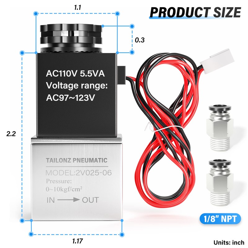 TAILONZ PNEUMATIC 1/8 Inch NPT 110V 2 Way Normally Closed