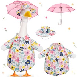 Soulchen Porch Goose Outfit with Umbrella for Lawn Porch Goose Costume Pink Flower Skirt for Spring Summer Outdoor Patio Yard Lawn Decoration(Garden Floral,23 Inch)