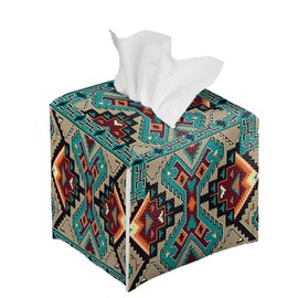 Pzuqiu Ethnic Southwest Indian Navajo Tissue Box Cover Farmhouse Square Tissue Organizer Waterproof PU Leather Tissue Box Holder for Bathroom Living Room Kitchen