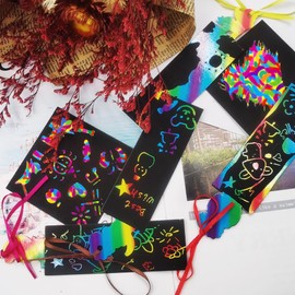 lyfLux 146 PCS Scratch Paper Art with Stencils, Rainbow Magic Scratch Paper Art Kit for Birthday Party, DIY Crafts