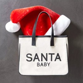 Santa Barbara Design Studios Mini Canvas Holiday Tote Bag, Leather Handle, 11" x 9.5", 6" Gusset - Santa Baby