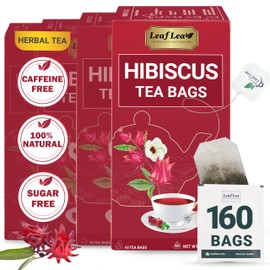 LeafLea 160 Hibiscus Tea Bags, High in Antioxidants, Promotes Heart Wellness & Lowers Blood Pressure, 100% Natural Hibiscus Herbal Tea, Caffeine-Free, Gluten-Free, Sugar-Free (Pack of 4)