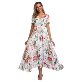 Women's Boho Floral Maxi Dress Summer Button Up Split Flowy Beach Party Dress WhiteMultFlower X-Large