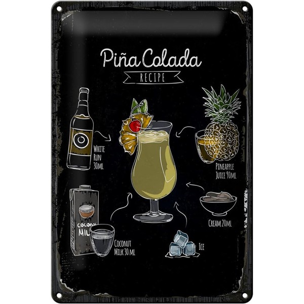Blechschild 30 x 20 cm Pina Colada Coktail Recipe -