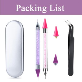 Rhinestone Picker Tool with 2 Wax Tip, 𝟐𝐏cs Nail Rhinestone Picker Rhinestone Pen, Wax Pencil for Rhinestones, Dual-end Rhinestones Picker with Tweezer for Nail Art (Pink+Purple)