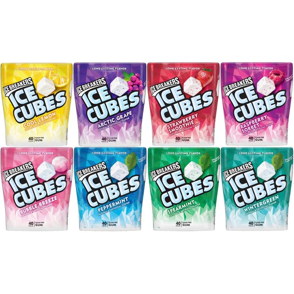 Ice Breakers Ice Cubes Sugar-Free Gum 8-Pack Variety Collection 40 Pcs/Bottle (Cool Lemon, Arctic Grape, Strawberry Smoothie, Raspberry Sorbet, Bubble Breeze, Peppermint, Spearmint, Wintergreen)