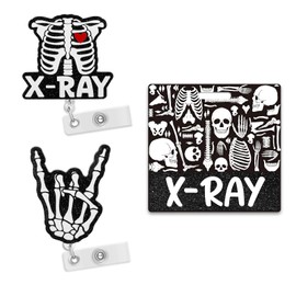Xray Nurse Badge Reel with Finger Bones & Detachable Skeleton Skull ID Holder Black Glitter Radiology Ortho Retractable Clip, Doctor Tech Student Gift