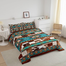 Feelyou Boho Comforter Set King Size Southwest Native American Design Comforter Southwestern Geometric Bedding Set Tribal Duvet Set Room Decor Brown Blue Quilt Set