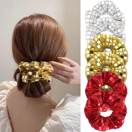 GFORI Disco Sequin Hair Scrunchies, Metallic Silver Red Yellow Waiting Elastic Ponytail Hair Bobbles Retro Crunchies Hair Scrunchies Disco Party Gifts Hair Accessories Hair Band Women