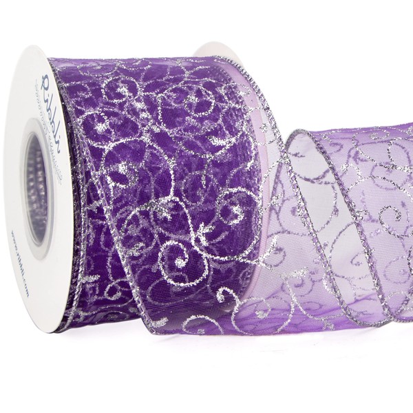 Ribbli Ribbli Swirl Glitter Wired Ribbon, Purple Organza Sheer Ribbon