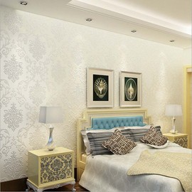 Q QIHANG DAWEI 3D Luxury Damask Pearl Powder Non-Woven Wallpaper Roll for Living Room Cream Color 1.73'W x 32.8'L