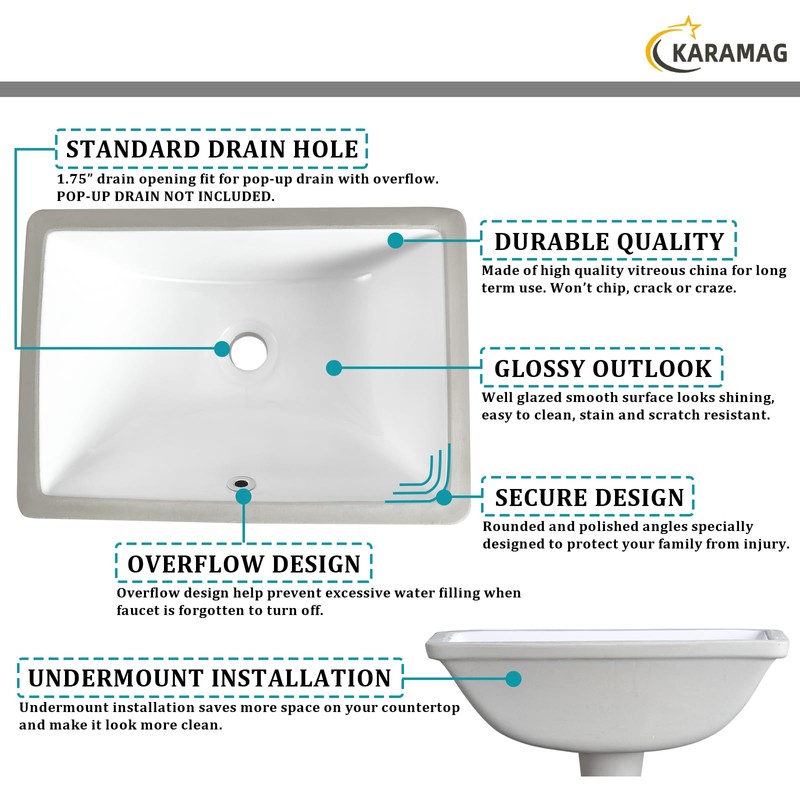 KARAMAG Durable Rectangle Undermount Sink Vitreous Ceramic Lavatory Vanity Bathroom