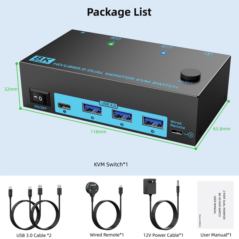 8K Dual Monitor KVM Switch Dual HDMI 2.1 2 Monitors