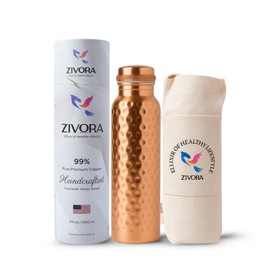 ZIVORA 100% Pure Copper Water Bottle - 34oz Pure Copper Water Bottle for Drinking with a Pocket Canvas Bag|Lab Tested|Leak Proof Enhances Water Taste and Ideal for Yoga andFitness (Original)