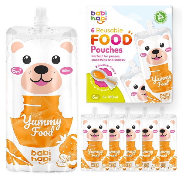 Babi Hapi Reusable Baby Food Pouches - 6 Pack Premium 180ml / 6.3oz Capacity - Fun, Easy 6 Pouch Food (6 Pack)