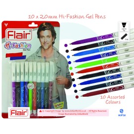 Flair 10 x 2.0mm Tip Hi-Fashion Gel Pens Assorted Colours Sketch Draw Art Craft