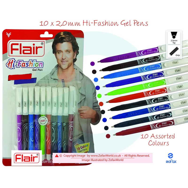 Flair 10 x 2.0mm Tip Hi-Fashion Gel Pens Assorted Colours