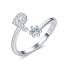 CRYSLOVE Women’s / Girls’ Letter Ring - 925 Sterling Silver - Open & Adjustable Initial Ring - A-Z Alphabet Rings with Gift Box, Silver, p