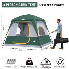 UNP 4-Person Tent, Portable Cabin Tent, Camping Tent 4-Person Easy Set Up, Waterproof with Top Rainfly for Outdoor Camping/Hiking (Dark Green)