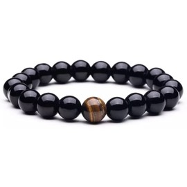 PIERRETOILES - Double Protection Tiger Eye and Black Obsidian Bracelet 20cm Obsidian Tiger Eye, Glass, Tiger's Eye