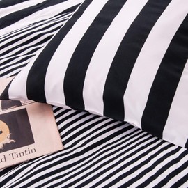 NTBAY 2 Pieces 100% Brushed Microfiber Striped Single Duvet Cover Set, Super Soft Black and White Printed Reversible Design Zippered Comforter Cover with Ties and 1 Oxford Pillowcase (Single, Stripe)