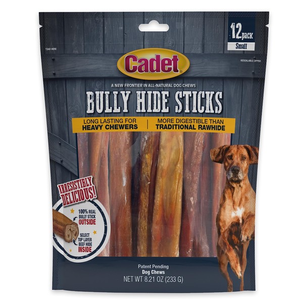 Cadet Bully Hide Sticks for Dogs - All-Natural Bully Stick & Beef Hide Dog Chews - Long Lasting Bully Sticks Alternative Made with 2 Ingredients - Dog Chews for Aggressive Chewers, Small (12 Pack)