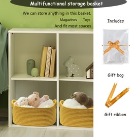 COMFY HOMI Small Woven Baskets with Handles, Gift Bags and Ribbons - Durable Cotton Rope Storage Organizer for Baby Basket, Dog Toy Basket Box, Gift Baskets Empty, Mother’s Day-12x8x5 Inch, yellow