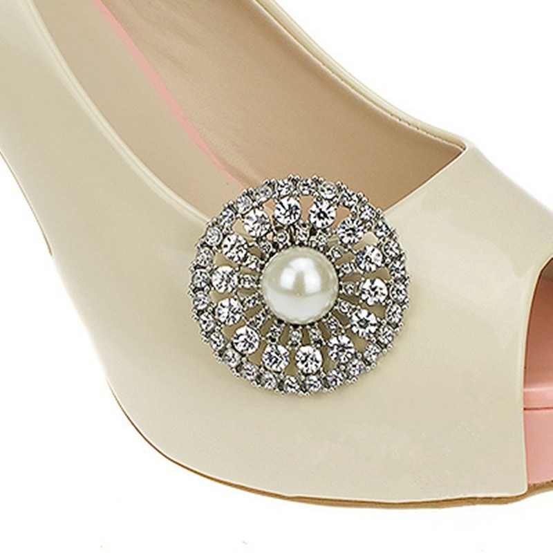 Ruihfas 1 Pair Rhinesetone Pearls Shoe Clips Women's Round Crystal