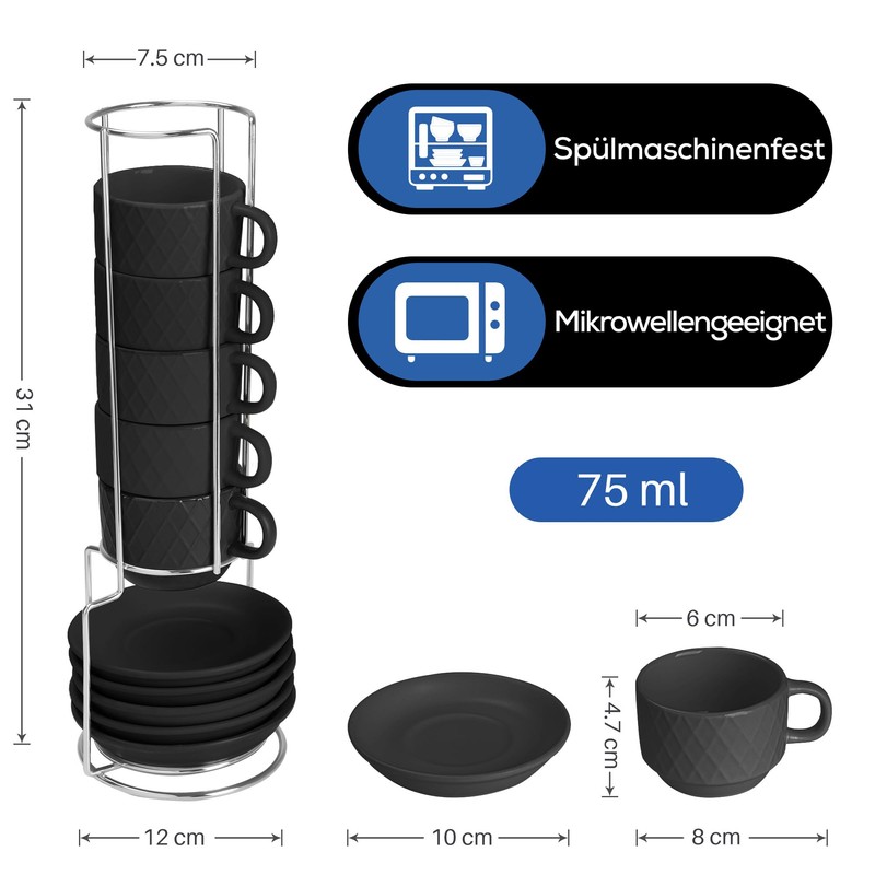 MIAMIO 6 x 75ml Espresso Cups/Espresso Cups Set with Stand