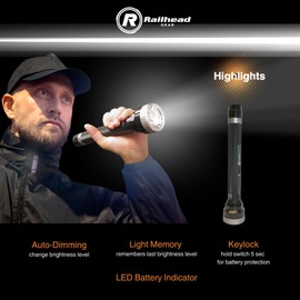 Railhead Gear Heavy-Duty Aircraft Grade Aluminum 1000 Lumens Flashlight with Smart Switch, Keylock, Light Memory, and Battery Indicator, for Camping Biking Hiking Outdoor Home Emergency KE-FL1080