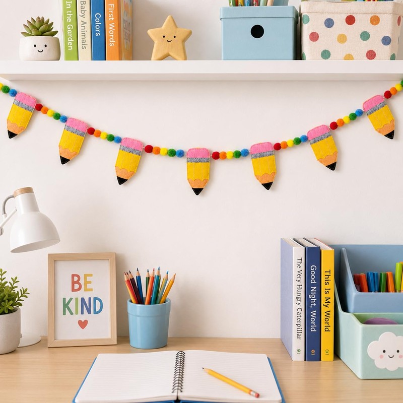 Back to School Classroom Garland Felt Pencil Pom Pom Hanging