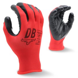 Durabull Work Gloves - 12 Pairs. Protective Safety Gloves For Working & General Use. Nitrile Coated With Secure Fit & Anti-Slip Grip. Heavy Duty, Oil Resistant Gloves - (NR1390, Size 7, Red).
