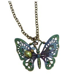 Vintage Style Art Nouveau Filigree Butterfly Pendant Necklace with Hand Painted Accents Genuine Cultured Pearl Crystal Rhinestones Spring Summer Bohemian Jewelry for Women Teen Girls