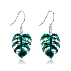 Monstera Leaves Earrings 925 Sterling Silver Palm Leaf Dangle Earrings Green Tropical Plant Jewelry Present for Women Mom
