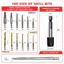 UYECOVE 14PCS Spiral Screw Extractor Set with Tungsten Carbide Tip Scriber Pen, Left Hand Drill Bits Set 6542/4341 HSS Steel Cobalt with 1/4'' Adapter, Removing Stripped Screws Bolts