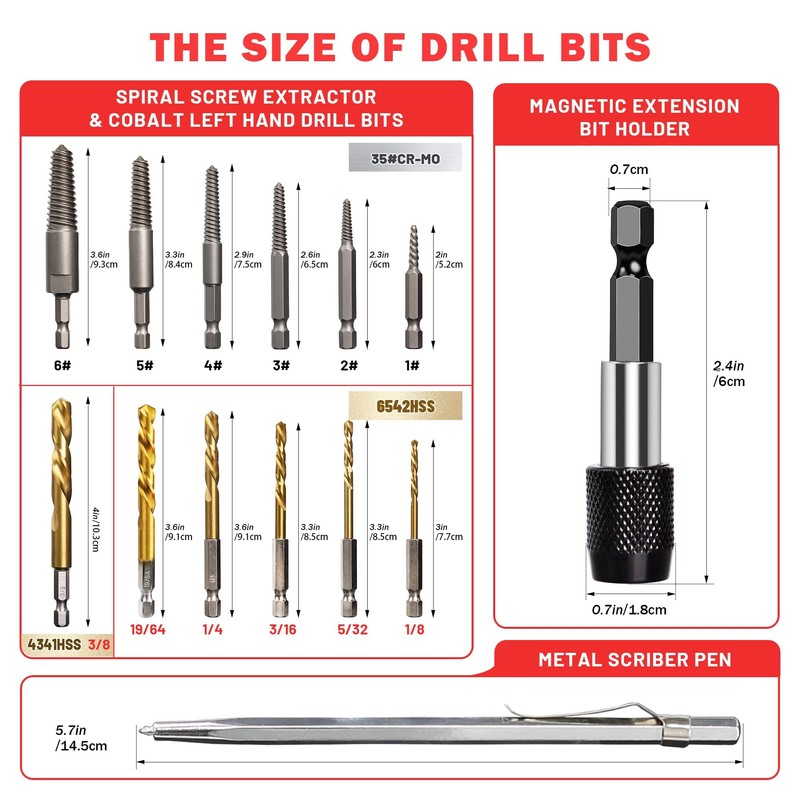UYECOVE 14PCS Spiral Screw Extractor Set with Tungsten Carbide Tip