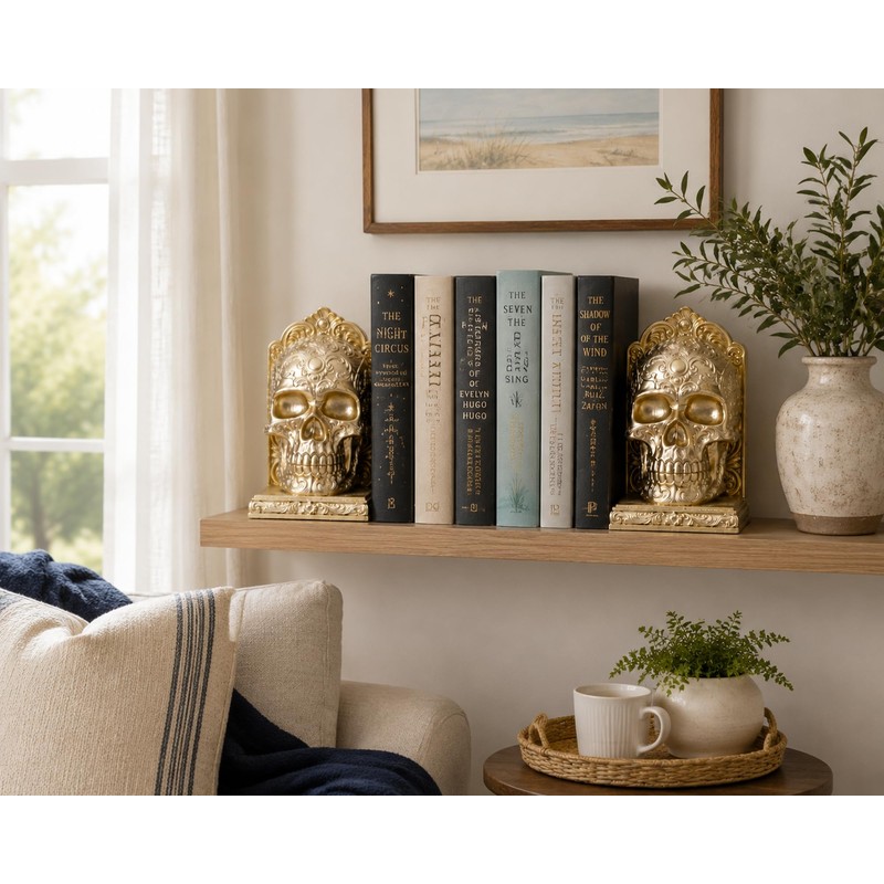 7 Inch Gold Skull Decorative Bookends Pair