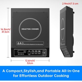 BOOROS Portable Induction Cooktop 1800W Induction Hot Plates for Countertop,9.6-Inch Heating Coil,10 Temperature Levels 175-520°F (80-270°C),24-Hour Timer,Key Touch,Easy to Clean,Black,110V
