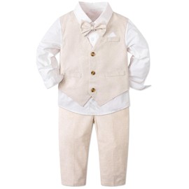 Cromoncent Boys' 5 Piece Suits, Casual Linen Suit Vest and Pant with Shirt, Bow Tie and Suspenders for Beach Wedding, Linen Khaki, 2-3T = Tag 110