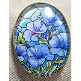 XL GLASS DOME "STAINED GLASS " FLOWER SERIES BUTTON -  PRETTY BLUE PETUNIAS