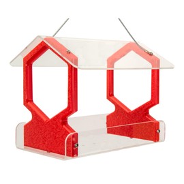 JCs Wildlife Geometric Poly Lumber and Acrylic Hanging Bird Feeder with Roof - Holds 3 Cups of Bird Seed - Great for Your Backyard Bird Feeding Garden (Red)