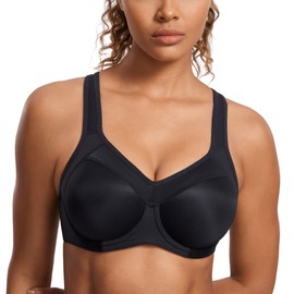 SYROKAN Women's Full Support High Impact Racerback Lightly Lined Underwire Sports Bra Solid Black 42DD